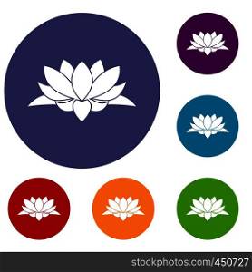 Lotus flower icons set in flat circle reb, blue and green color for web. Lotus flower icons set