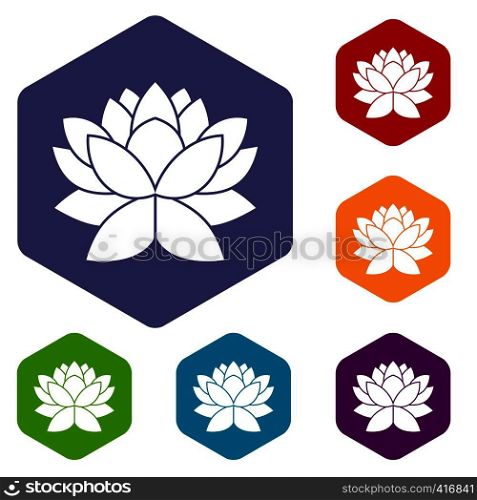 Lotus flower icons set rhombus in different colors isolated on white background. Lotus flower icons set