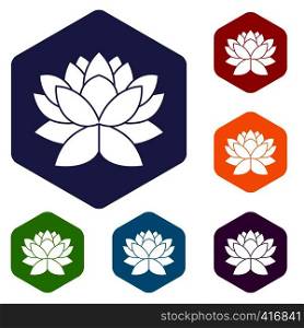 Lotus flower icons set rhombus in different colors isolated on white background. Lotus flower icons set