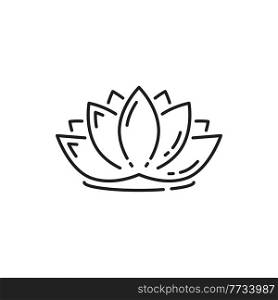 Lotus flower isolated water lily thin line icon. Vector blooming exotic waterlily, herbal cosmetics ingredient. Symbol of harmony and wellbeing, lily blossom linear sign, Thailand plant. Spa emblem. Waterlily lotus flower herbal cosmetics ingredient