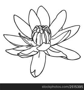 Lotus flower sketch. Doodle Lotus sketch. Simple hand drawing of a flower. Black outline. Vector illustration.