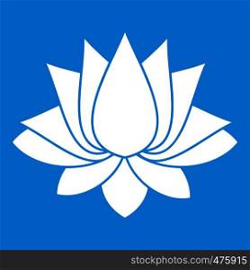 Lotus icon white isolated on blue background vector illustration. Lotus icon white