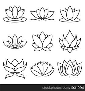 Lotus icons set. Outline set of lotus vector icons for web design isolated on white background. Lotus icons set, outline style