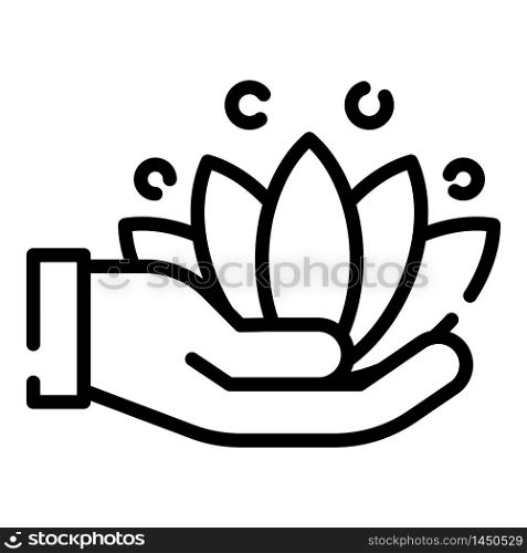 Lotus in hand icon. Outline lotus in hand vector icon for web design isolated on white background. Lotus in hand icon, outline style