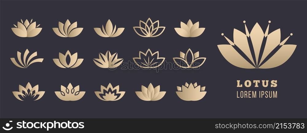 Lotus logo set. Yoga meditation, wellbeing and relaxation symbols. Golden simple flowers, healthcare and lifestyle vector icons. Illustration lotus of yoga, spa natural emeblem. Lotus logo set. Yoga meditation, wellbeing and relaxation symbols. Golden simple flowers, healthcare and lifestyle vector icons