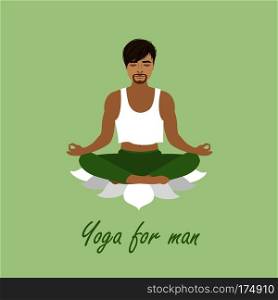 Lotus position man, yoga. Mustached bearded male.  Relaxation and meditation. Vector illustration. Lotus position man, yoga.