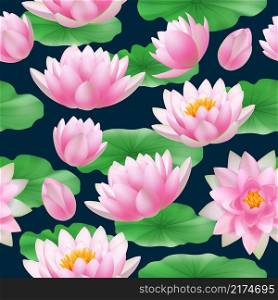 Lotus seamless pattern. Colored tropical nature flowers lotus buds with leaves decent vector realistic background. Flower pattern seamless, decorative tropical lily bloom illustration. Lotus seamless pattern. Colored tropical nature flowers lotus buds with leaves decent vector realistic background