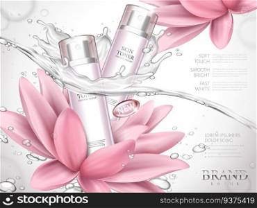 lotus skin toner ad contained in bottles, with extremely clean water and lotus flower elements, white background 3d illustration. lotus skin toner ad