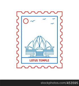 LOTUS TEMPLE postage stamp Blue and red Line Style, vector illustration
