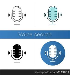 Loud microphone icons set. Stereo mic recording sound idea. Voice record process. Portable wireless speaker. Audio equipment. Linear, black and color styles. Isolated vector illustrations