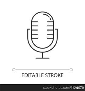 Loud microphone linear icon. Stereo mic recording sound. Voice record process. Portable wireless speaker. Thin line illustration. Contour symbol. Vector isolated outline drawing. Editable stroke