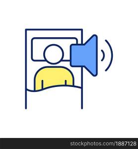 Loud snoring at night RGB color icon. Obstructive sleep apnea. Noisy breathing. Nasal congestion. Sleep deprivation. Implications on health. Isolated vector illustration. Simple filled line drawing. Loud snoring at night RGB color icon