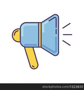 Loudspeaker blue RGB color icon. Alert with megaphone. Bullhorn sign. Publical promotion. Broadcast audio. Shout propaganda. Volume of sound. Speak with mouthpiece. Isolated vector illustration