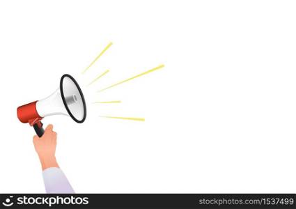 Loudspeaker hand holds banner. Notification loud in white background emergency information on megaphone announcement discounts and sales promotion marketing advertising joint dispute vector.