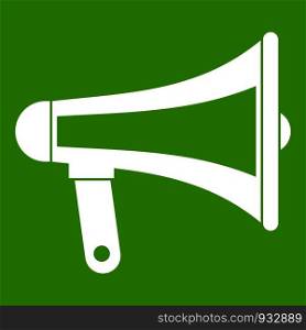 Loudspeaker icon white isolated on green background. Vector illustration. Loudspeaker icon green