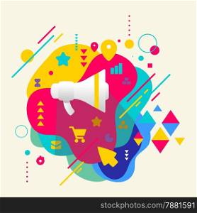 Loudspeaker on abstract colorful spotted background with different elements. Flat design.