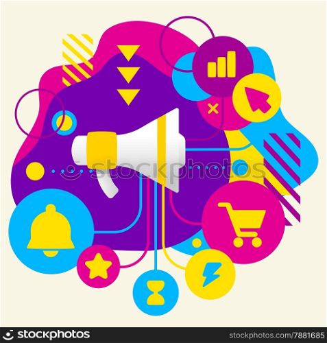 Loudspeaker on abstract colorful spotted background with different icons and elements. Flat design for the web, interface, print, banner, advertising.