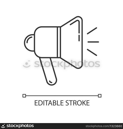 Loudspeaker pixel perfect linear icon. Alert with megaphone. Bullhorn sign. Broadcast audio. Thin line customizable illustration. Contour symbol. Vector isolated outline drawing. Editable stroke