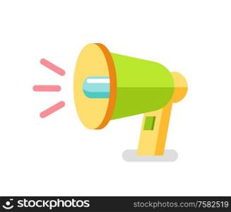 Loudspeaker vector icon, colorful megaphone. Speaking-trumpet or bullhorn, 3D view of portable hand-held cone shaped acoustic horn to amplify voice. Loudspeaker Icon, Colorful 3D Megaphone Vector