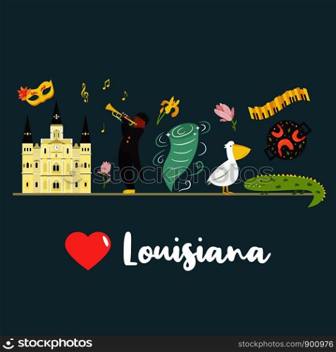 Louisiana poster with famous attractions and symbols.For festival banners, posters, travel leaflets, tour guides. Louisiana poster with symbols and elements