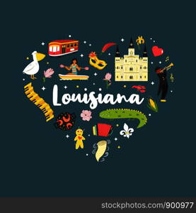 Louisiana poster with famous attractions and symbols. For festival banners, posters, travel leaflets, tour guides. Louisiana poster with symbols and elements