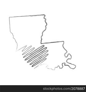 Louisiana US state hand drawn pencil sketch outline map with heart shape. Continuous line drawing of patriotic home sign. A love for a small homeland. T-shirt print idea. Vector illustration.. Louisiana US state hand drawn pencil sketch outline map with the handwritten heart shape. Vector illustration