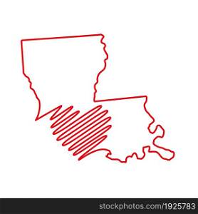 Louisiana US state red outline map with the handwritten heart shape. Continuous line drawing of patriotic home sign. A love for a small homeland. T-shirt print idea. Vector illustration.. Louisiana US state red outline map with the handwritten heart shape. Vector illustration
