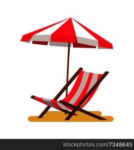 Lounge and umbrella icons vector illustration isolated on white background striped summer equipment, comfortable sitting place chaise in shadow. Lounge and Umbrella Icons Vector Illustration