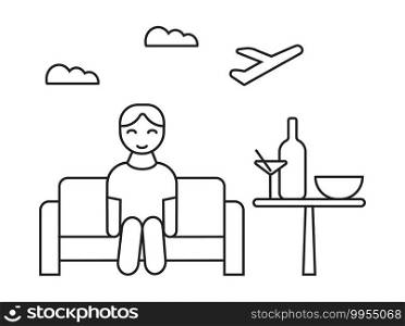 Lounge area icon vector. Tourist sitting on the sofa and waiting check in. Bottle, cocktail, bowl are on the table. Airline departure is shown.. Lounge area icon vector. Tourist sitting on the sofa and waiting check in. Bottle, cocktail, bowl are on the table. Airline departure