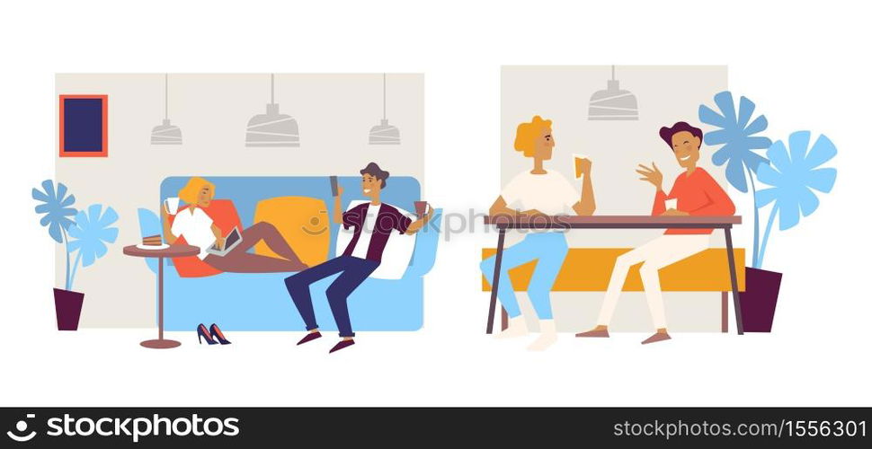 Lounge bar or cafe interior design friends and couple on couch vector man and woman on sofa with coffee cake and laptop recreation or break, snack girl sitting barefoot and guys talking at table. Cafe interior lounge bar friends and couple on couch