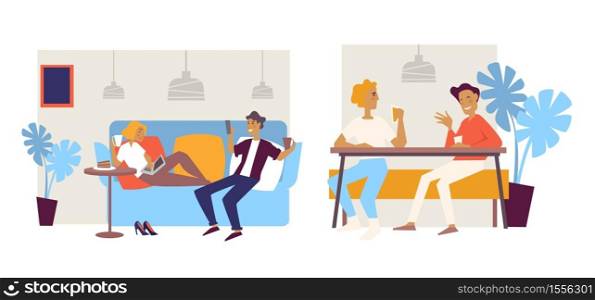 Lounge bar or cafe interior design friends and couple on couch vector man and woman on sofa with coffee cake and laptop recreation or break, snack girl sitting barefoot and guys talking at table. Cafe interior lounge bar friends and couple on couch