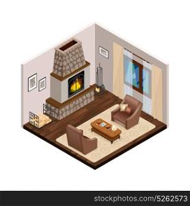 Lounge Isometric Interior With Fireplace. Lounge interior with classic fireplace brown comfortable furniture on wooden floor curtains on window isometric vector illustration