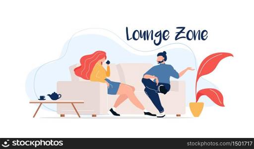 Lounge zone flat color vector faceless characters. Coworkers drinking tea. Friends meeting at home. Couple relaxing in coffee house isolated cartoon illustration for web graphic design and animation. Lounge zone flat color vector faceless characters