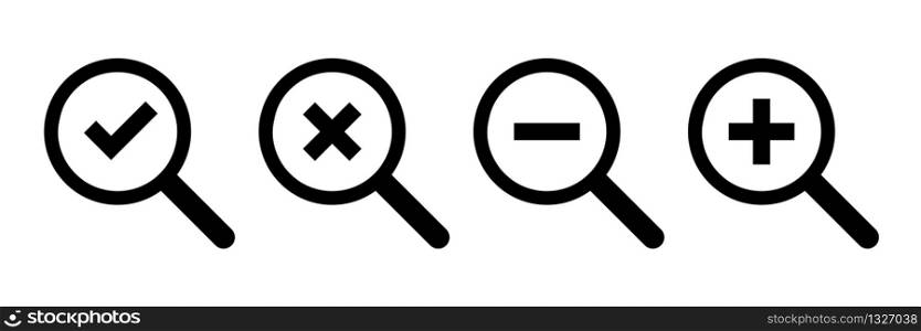 Loupe icons. Vector isolated symbols. Checkmark cross minus plus icons. Magnifying glass icon vector. Magnifying glass symbol. Check icon vector. Round button. EPS 10