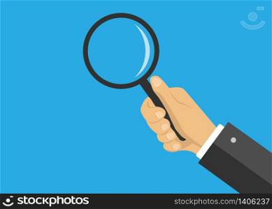 Loupe in hand illustration icon in flat design. Magnifying glass to zoom or focus. Research by detective with magnifier illustration. Vector EPS 10.