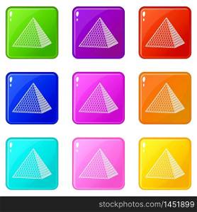 Louvre pyramid icons set 9 color collection isolated on white for any design. Louvre pyramid icons set 9 color collection