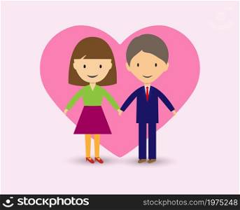 Love. A man and a woman holding hands against the background of a heart. Flat style.