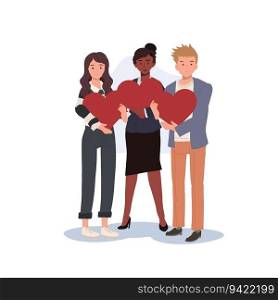  Love, Affection, and Care concept for charity c&aigns. Romantic. A group of people Holding Big Red Heart. Flat vector cartoon illustration