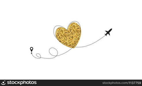 Love airplane route. Golden Heart dashed line trace and plane routes isolated on white background. Romantic wedding travel, Honeymoon trip. Hearted plane path drawing. Vector illustration.. Love airplane route. Golden Heart dashed line trace and plane routes isolated on white background. Romantic wedding travel, Honeymoon trip. Hearted plane path drawing. Vector illustration