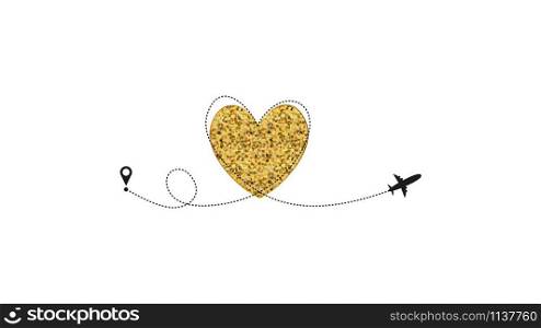 Love airplane route. Golden Heart dashed line trace and plane routes isolated on white background. Romantic wedding travel, Honeymoon trip. Hearted plane path drawing. Vector illustration.. Love airplane route. Golden Heart dashed line trace and plane routes isolated on white background. Romantic wedding travel, Honeymoon trip. Hearted plane path drawing. Vector illustration