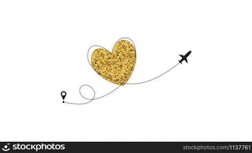 Love airplane route. Golden Heart dashed line trace and plane routes isolated on white background. Romantic wedding travel, Honeymoon trip. Hearted plane path drawing. Vector illustration.. Love airplane route. Golden Heart dashed line trace and plane routes isolated on white background. Romantic wedding travel, Honeymoon trip. Hearted plane path drawing. Vector illustration