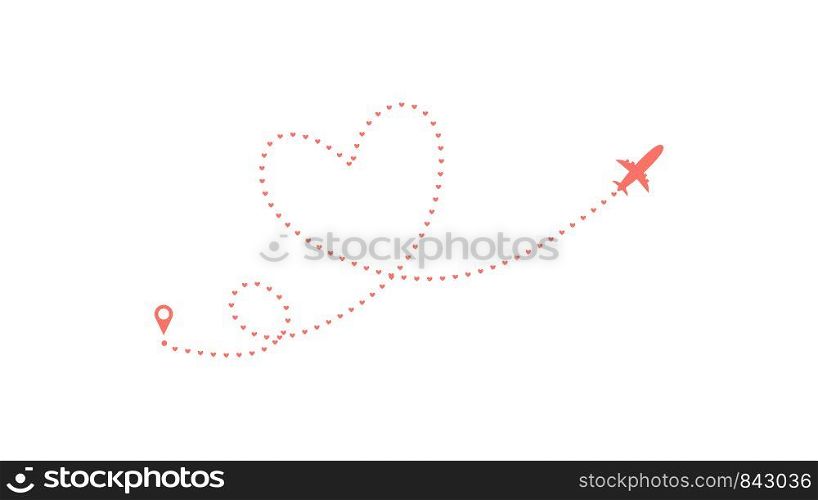 Love airplane route. Heart dashed line trace and plane routes isolated on white background. Romantic wedding travel, Honeymoon trip. Hearted plane path drawing. Vector illustration.. Love airplane route. Heart dashed line trace and plane routes isolated on white background. Romantic wedding travel, Honeymoon trip. Hearted plane path drawing. Vector illustration