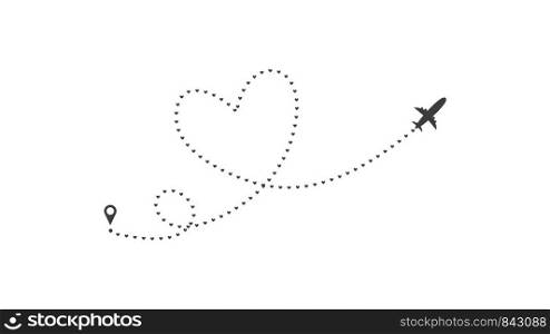 Love airplane route. Heart dashed line trace and plane routes isolated on white background. Romantic wedding travel, Honeymoon trip. Hearted plane path drawing. Vector illustration.. Love airplane route. Heart dashed line trace and plane routes isolated on white background. Romantic wedding travel, Honeymoon trip. Hearted plane path drawing. Vector illustration