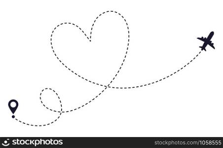 Love airplane route. Romantic travel, heart dashed line trace and plane routes. Hearted airplane path, flight air dotted love valentine day drawing isolated vector illustration. Love airplane route. Romantic travel, heart dashed line trace and plane routes isolated vector illustration