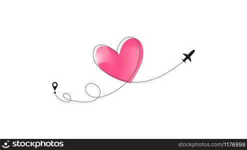 Love airplane route with pastel neon pink Heart dashed line trace and plane routes isolated on white background. Romantic wedding travel, Honeymoon trip. Hearted plane path drawing. Vector illustration.. Love airplane route with pastel neon pink Heart dashed line trace and plane routes isolated on white background. Romantic wedding travel, Honeymoon trip. Hearted plane path drawing. Vector illustration