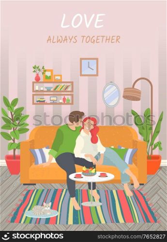 Love always together. Cute couple sitting on sofa in living room. Coffee table with fruits plate, cat on rug, Cosy sweet home vector illustration, flat style. Cute Couple in Living Room Interior Vector Image