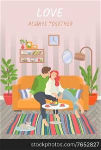 Love always together. Cute couple sitting on sofa in living room. Coffee table with fruits plate, cat on rug, Cosy sweet home vector illustration, flat style. Cute Couple in Living Room Interior Vector Image