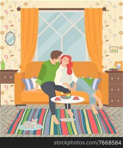 Love always together. Romantic couple sitting and hugging on kitchen windowsill. Cosy interior. Dining table with dishes. Sweet home concept. Vector illustration in flat cartoon style. Couple in Love, Kitchen Interior Vector Image