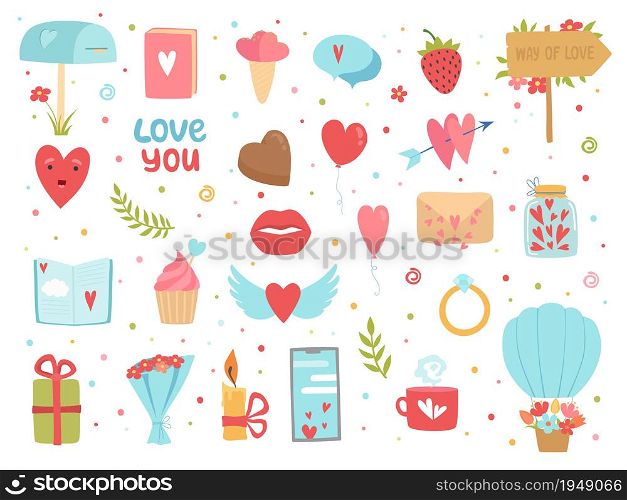 Love and friendship icons. Happy community and relationship romance images hearts flowers vector concept. Love and friendship, romantic valentine, happiness romance, passion illustration. Love and friendship icons. Happy community and relationship romance images hearts flowers vector concept