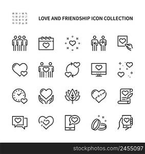Love and friendship vector linear icons set. Heart, romantic letter, person, calendar, clock, phone, engagement ring and more. Isolated collection of love and friendship icons on white background.. Love and friendship vector line icons. Collection of Simple icons on white background. Love and friendship vector symbol set.